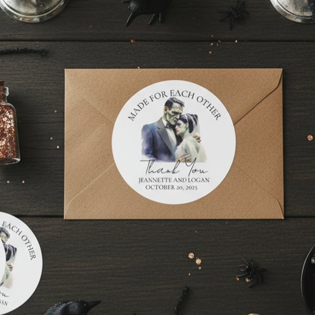 Halloween Bride Frankenstein Wedding Thank you  Classic Round Sticker (Creator Uploaded)
