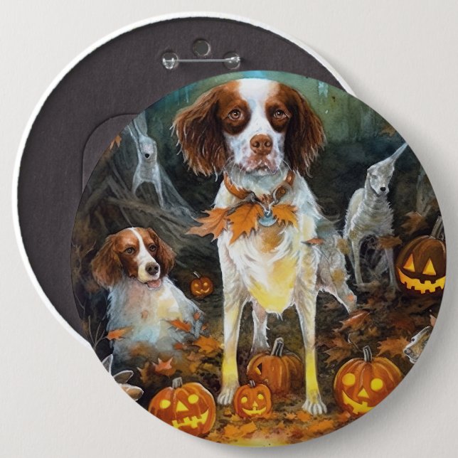 Halloween Brittany Spaniel With Pumpkins Scary 6 Cm Round Badge (Front & Back)