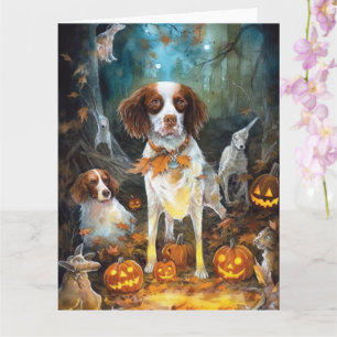 Halloween Brittany Spaniel With Pumpkins Scary Card
