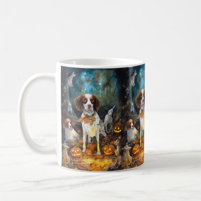 Halloween Brittany Spaniel With Pumpkins Scary Coffee Mug (Left)