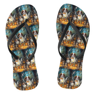 Halloween Brittany Spaniel With Pumpkins Scary Flip Flops