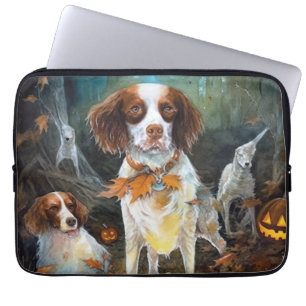 Halloween Brittany Spaniel With Pumpkins Scary Laptop Sleeve