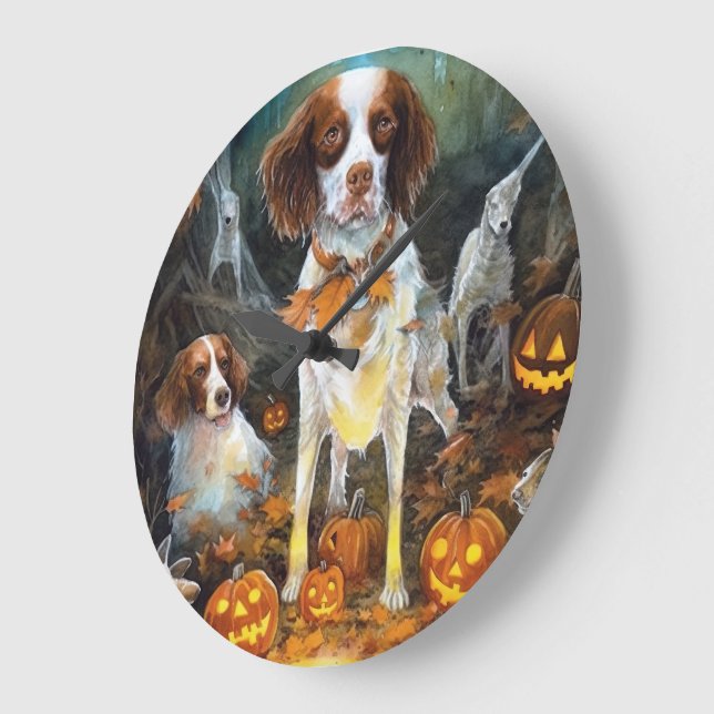 Halloween Brittany Spaniel With Pumpkins Scary Large Clock (Angle)