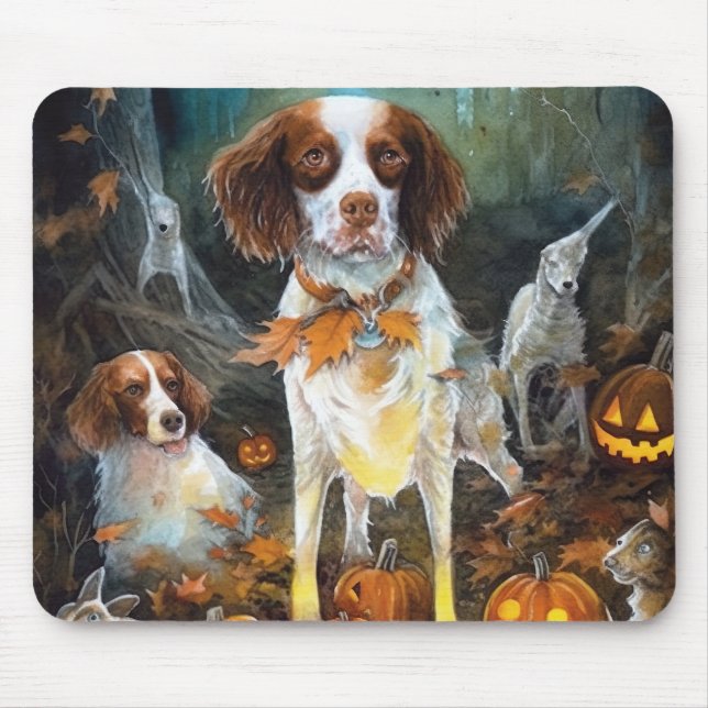 Halloween Brittany Spaniel With Pumpkins Scary Mouse Mat (Front)