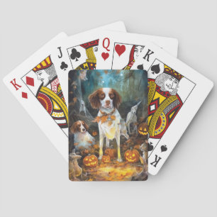 Halloween Brittany Spaniel With Pumpkins Scary Playing Cards