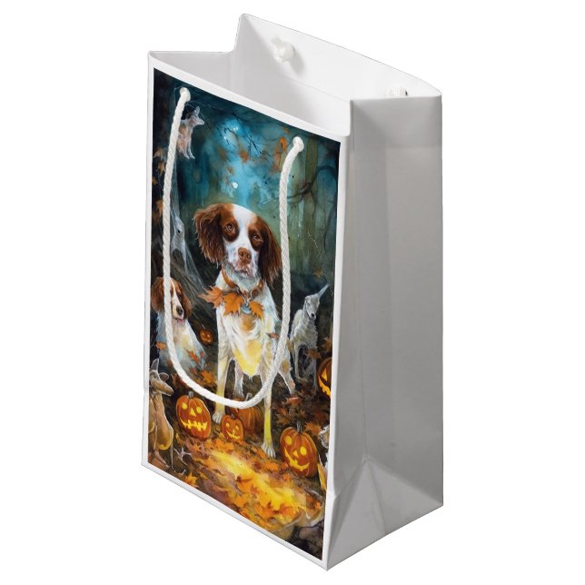 Halloween Brittany Spaniel With Pumpkins Scary Small Gift Bag (Front Angled)