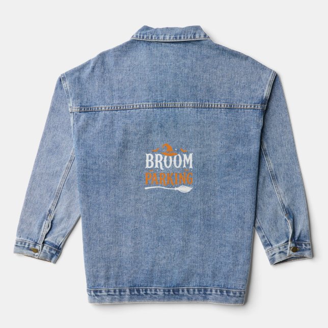 Halloween Broom Parking Witch Hat Graphic Denim Jacket (Back)