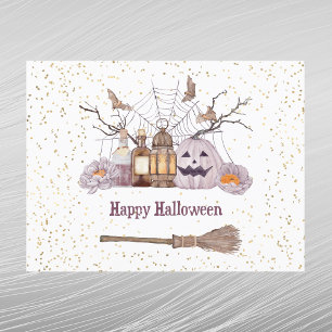 Halloween Broom Pumpkin Spider Web Lantern Holiday Postcard