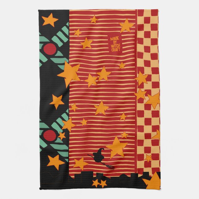 Halloween Broom Ride Over Starry City Tea Towel (Vertical)