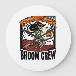 Halloween Broom Rides Vintage Skeleton Witch Graph Large Clock