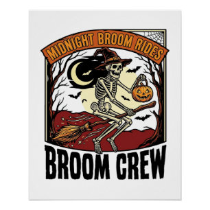 Halloween Broom Rides Vintage Skeleton Witch Graph Poster