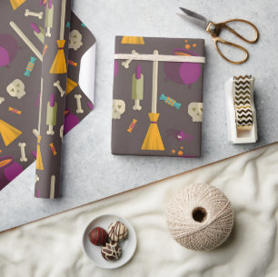 Halloween broom, skull and Candy Gift Wrapping Paper