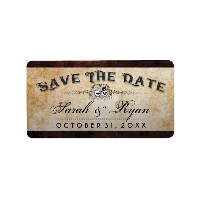 Halloween Brown Gothic Skeleton Matching Save Date Label (Front)