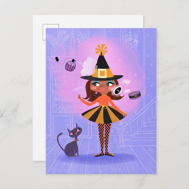 Halloween Brown Hair Witch Lavender & Pink Postcard (Front/Back)
