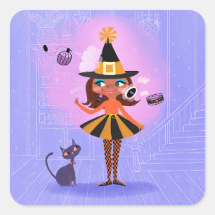 Halloween Brown Hair Witch Lavender & Pink  Square Sticker