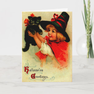 Halloween Brundage Girl with Black Hat and Cat Card