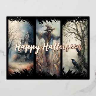 Halloween Brushstroke Triptych Foil Holiday Postcard