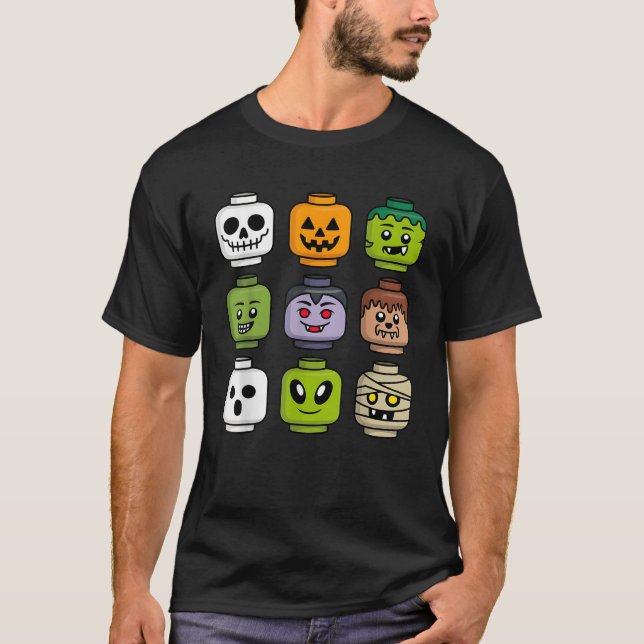 Halloween Building Brick Head Pumpkin Ghost Zombie T-Shirt (Front)