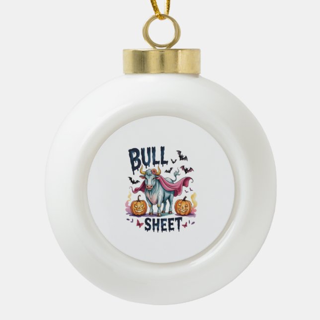 Halloween Bull Sheet,Funny Ghost Cow Ceramic Ball Christmas Ornament (Front)