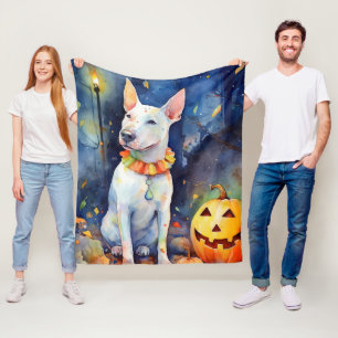Halloween Bull Terrier With Pumpkins Scary Fleece Blanket