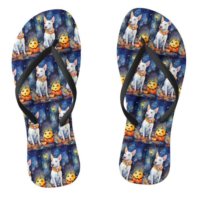 Halloween Bull Terrier With Pumpkins Scary  Flip Flops (Footbed)
