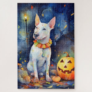 Halloween Bull Terrier With Pumpkins Scary  Jigsaw Puzzle