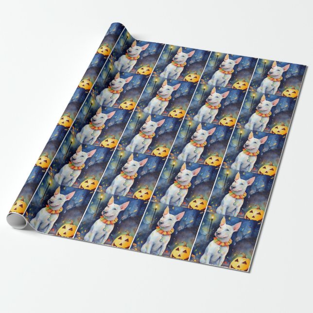 Halloween Bull Terrier With Pumpkins Scary  Wrapping Paper (Unrolled)