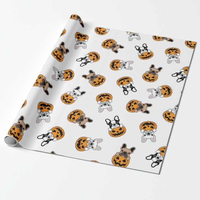Halloween Bulldog And Pumpkins Pattern Wrapping Paper (Unrolled)
