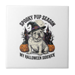 Halloween Bulldog Shirt Cute Witch Dog Vintage Gra Tile