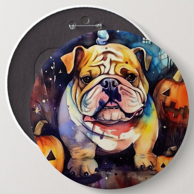 Halloween Bulldog With Pumpkins Scary 6 Cm Round Badge (Front & Back)