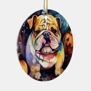 Halloween Bulldog With Pumpkins Scary Ceramic Tree Decoration