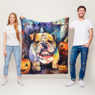 Halloween Bulldog With Pumpkins Scary Fleece Blanket