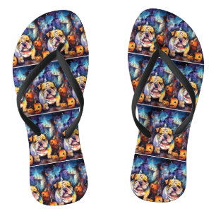 Halloween Bulldog With Pumpkins Scary Flip Flops