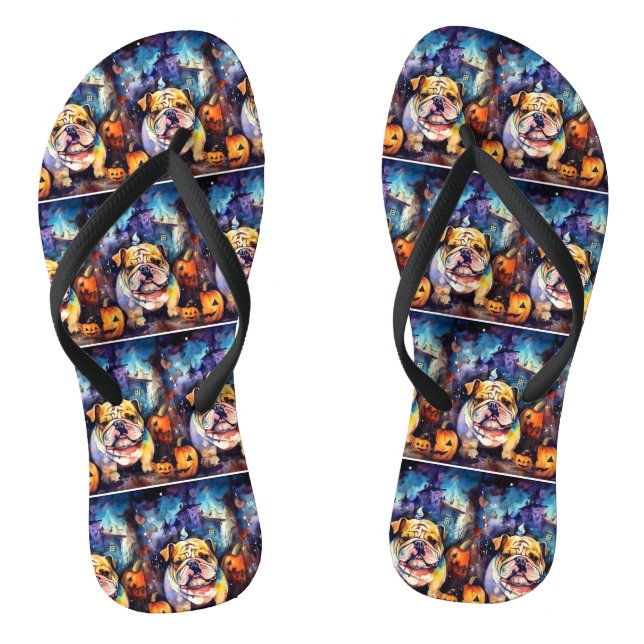 Halloween Bulldog With Pumpkins Scary Flip Flops (Footbed)