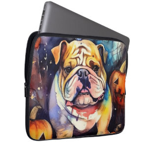 Halloween Bulldog With Pumpkins Scary Laptop Sleeve