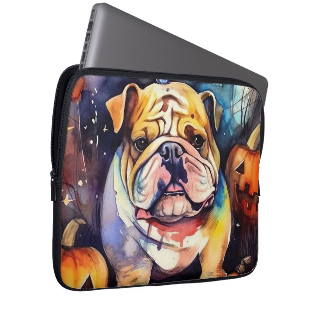 Halloween Bulldog With Pumpkins Scary Laptop Sleeve (Front Right)