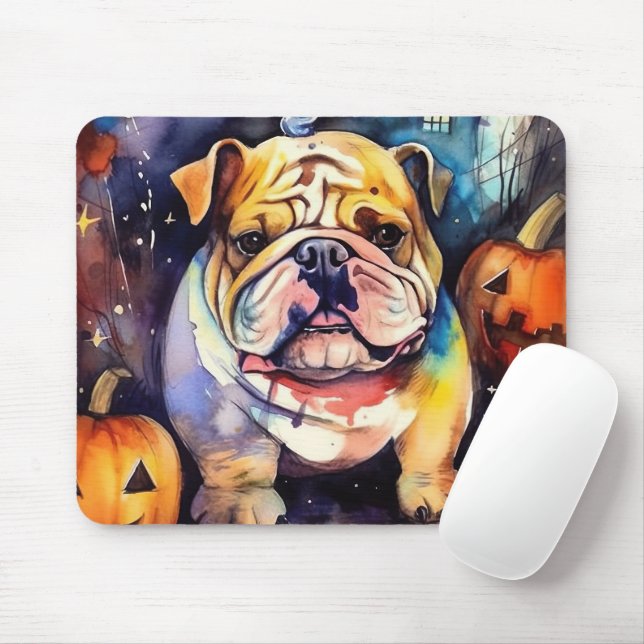Halloween Bulldog With Pumpkins Scary Mouse Mat (With Mouse)