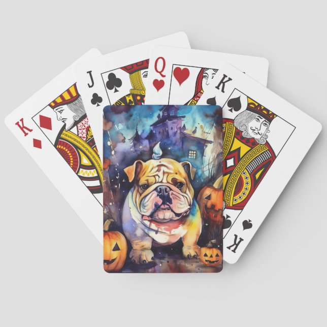 Halloween Bulldog With Pumpkins Scary Playing Cards (Back)