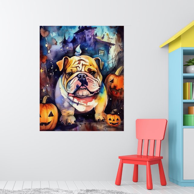 Halloween Bulldog With Pumpkins Scary Poster (Nursery 1)