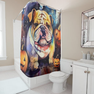 Halloween Bulldog With Pumpkins Scary Shower Curtain
