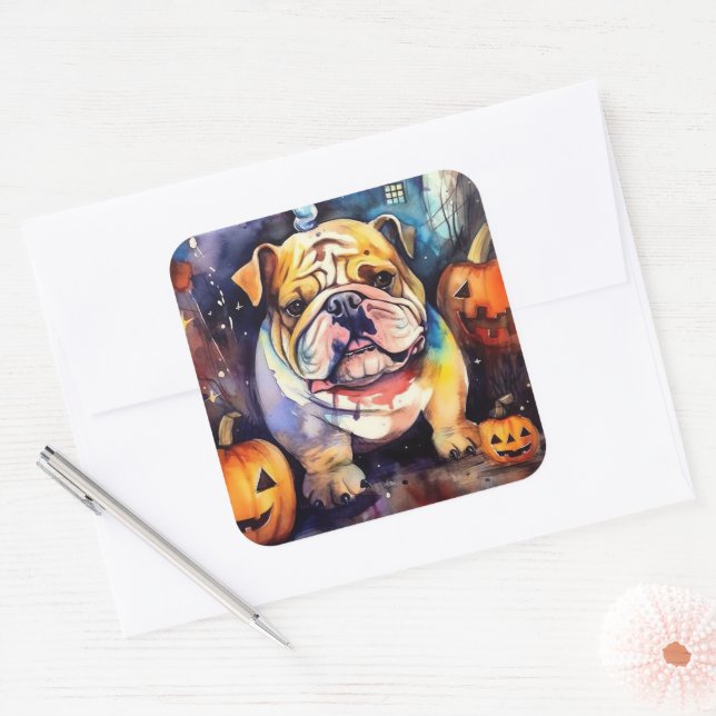 Halloween Bulldog With Pumpkins Scary Square Sticker (Envelope)