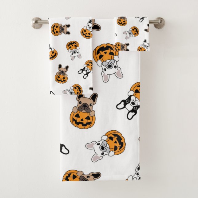 Halloween Bulldogs And Pumpkins Pattern Bath Towel Set (Insitu)