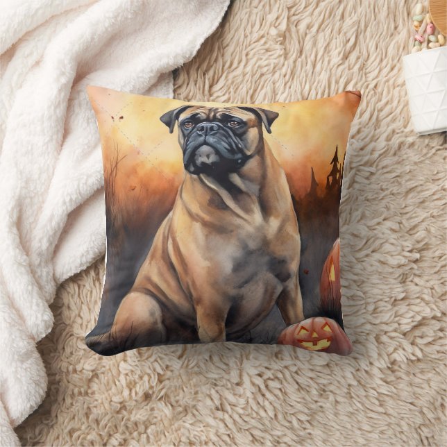 Halloween Bullmastiff With Pumpkins Scary Cushion (Blanket)