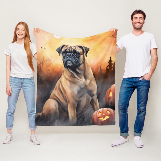 Halloween Bullmastiff With Pumpkins Scary Fleece Blanket (In Situ)