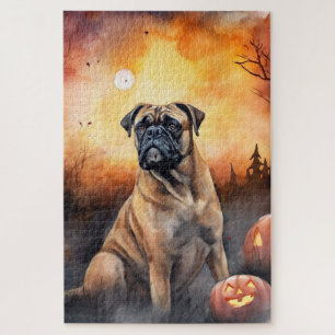 Halloween Bullmastiff With Pumpkins Scary Jigsaw Puzzle