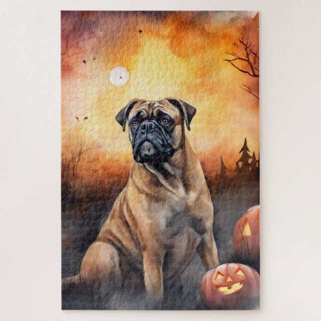Halloween Bullmastiff With Pumpkins Scary Jigsaw Puzzle (Vertical)