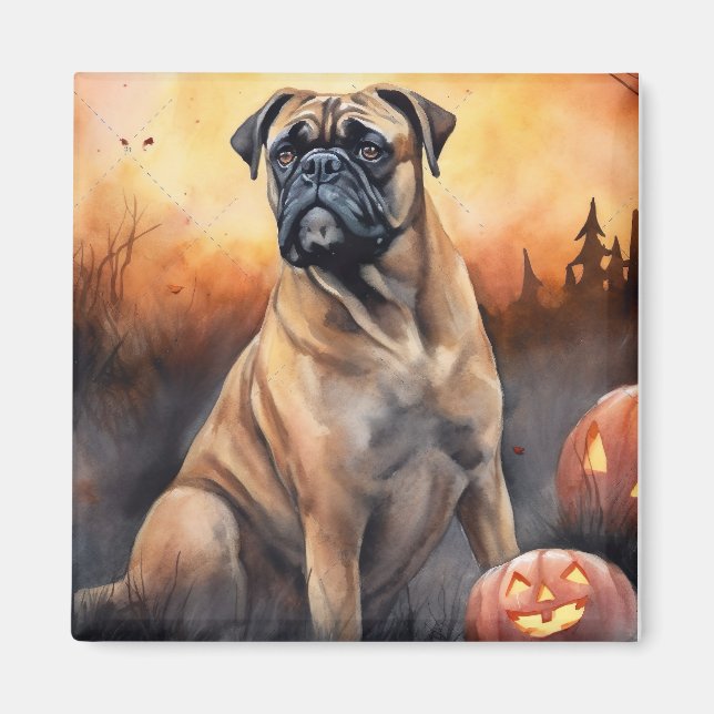 Halloween Bullmastiff With Pumpkins Scary Magnet (Front)
