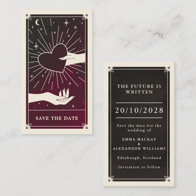 Halloween Burgundy Tarot Wedding Save the Date Business Card (Front/Back)