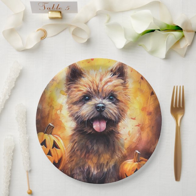 Halloween Cairn Terrier With Pumpkins Scary  Paper Plate (Wedding)
