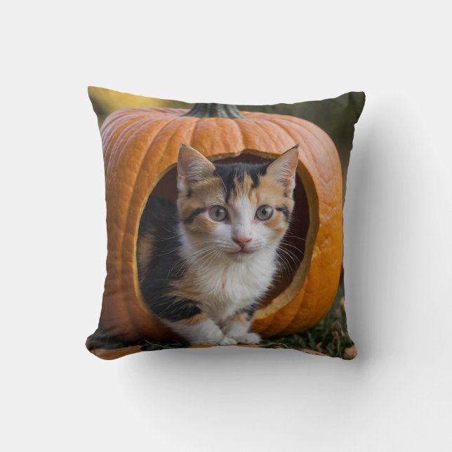 Halloween Calico Kitten Sitting in a Pumpkin  Cushion (Front)